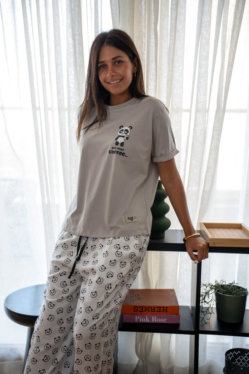 Women summer pajama set Grey Tee + Coffee lover panda Pants